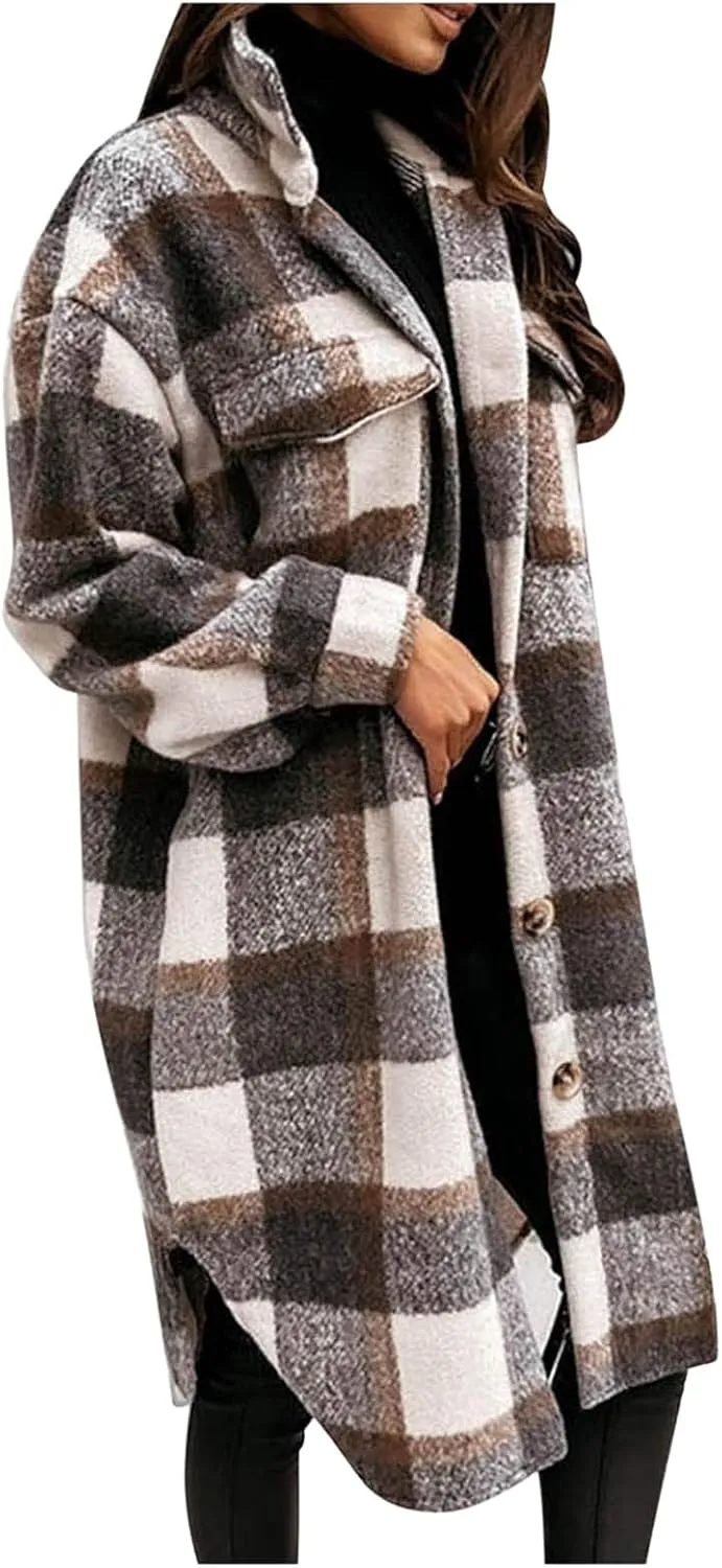Womens Long Flannel Coats Plaid Shacke Oversuits Long Sleeves Suit Collar Casual Button Down Loose Trendy Jackets