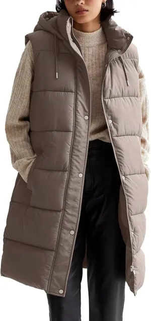 Womens Long Puffer Vest Sleeveless Puffy Jacket Stand Collar Thick Hooded Long Coats Jacket