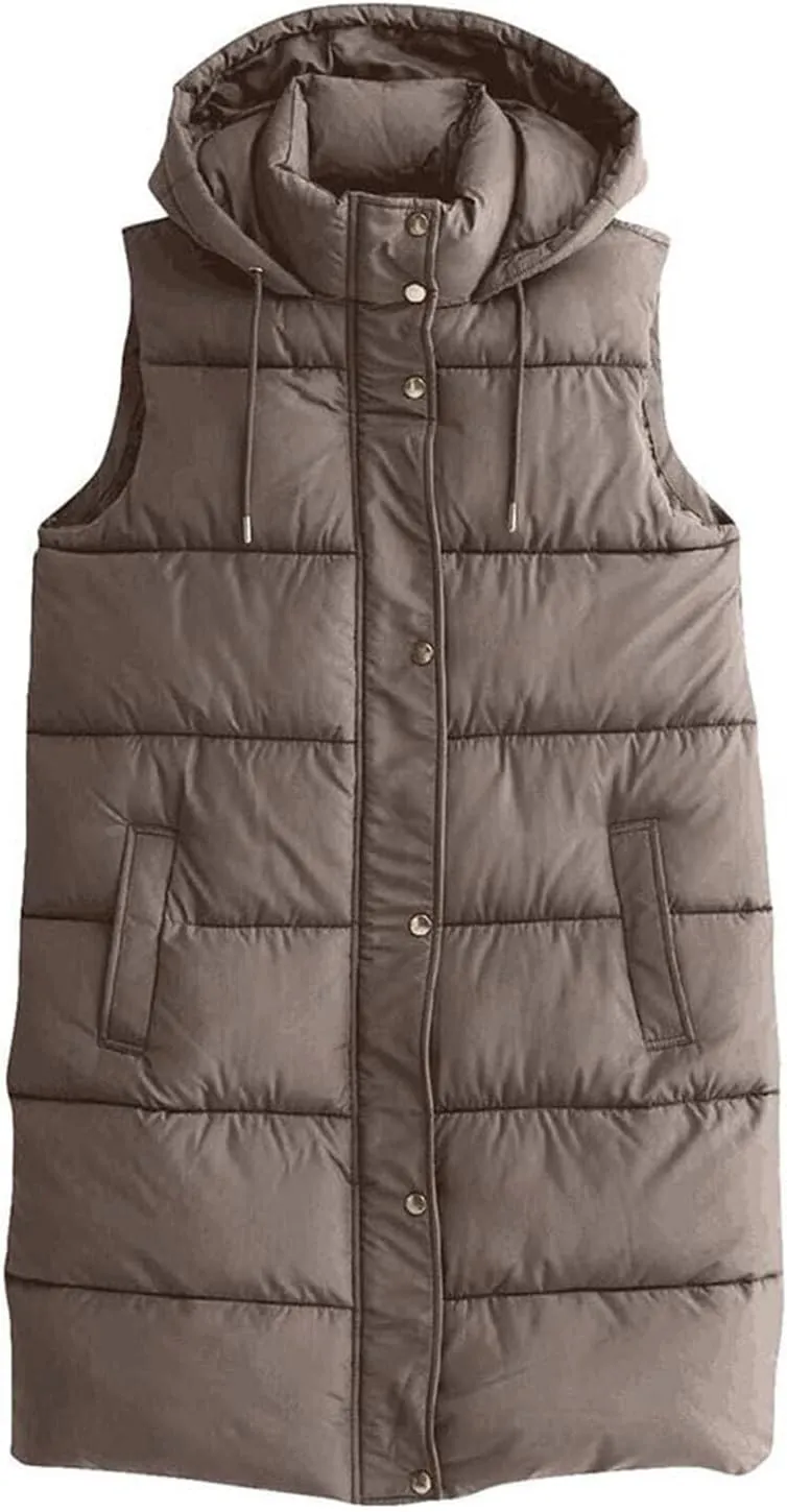 Womens Long Puffer Vest Sleeveless Puffy Jacket Stand Collar Thick Hooded Long Coats Jacket