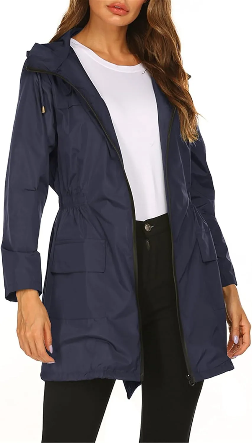 Women's Long Raincoat Waterproof Lightweight Tunic Trench Coat Activity Outdoor Windbreaker Hooded with Pockets