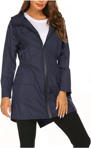 Women's Long Raincoat Waterproof Lightweight Tunic Trench Coat Activity Outdoor Windbreaker Hooded with Pockets