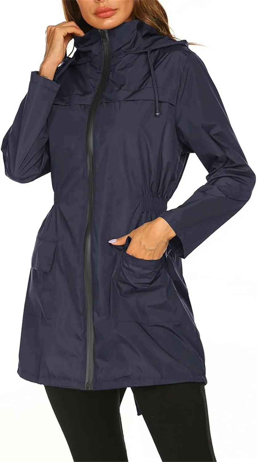 Women's Long Raincoat Waterproof Lightweight Tunic Trench Coat Activity Outdoor Windbreaker Hooded with Pockets