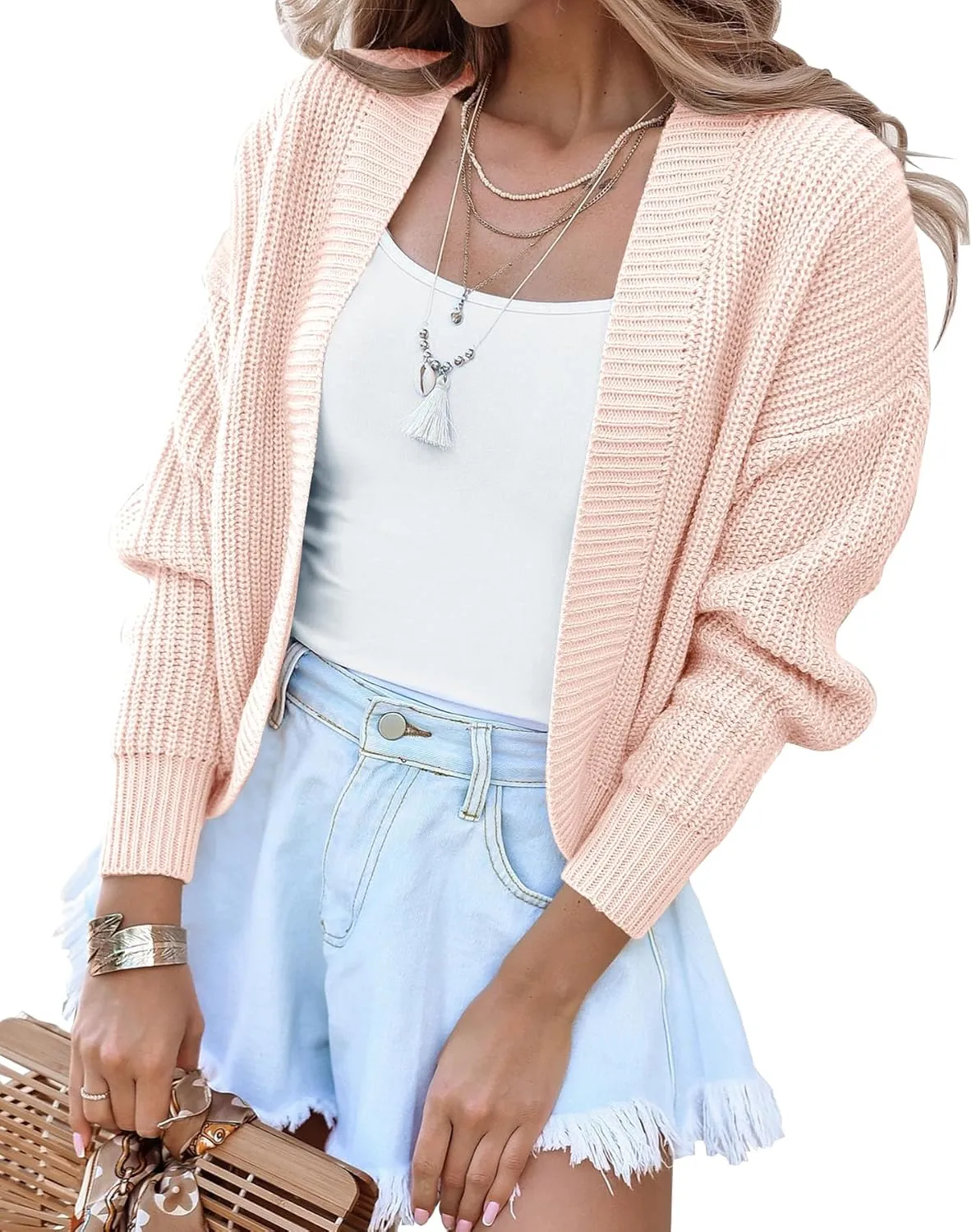 Women's Long Sleeve Open Front Knit Cropped Cardigan Sweaters Casual Drop Shoulder Short Shrugs Sweater Coats