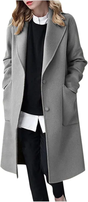 Women's Notched Lapel Wool Coats Mid Long Button Pea Coats Warm Thicken Single Breasted Trench Jacket Winter Overcoat
