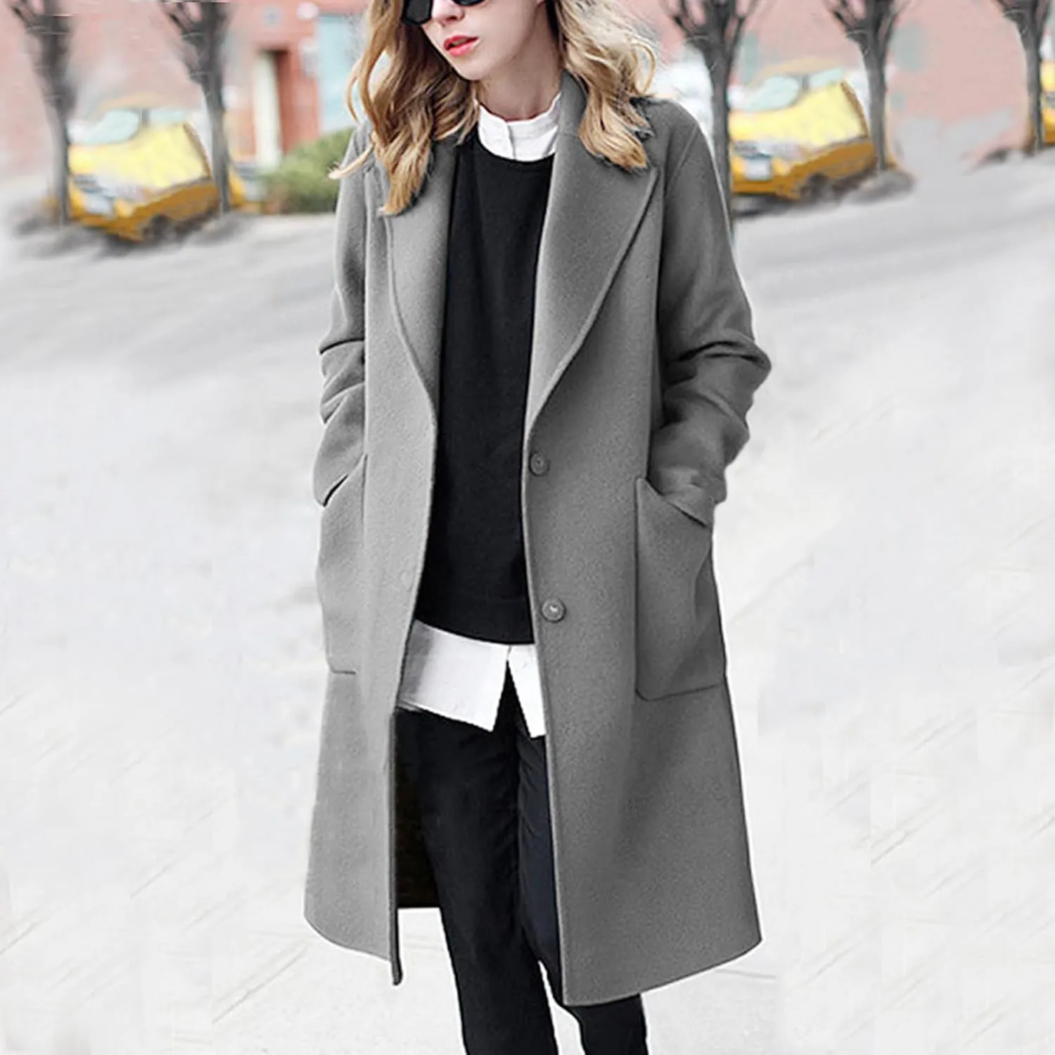 Women's Notched Lapel Wool Coats Mid Long Button Pea Coats Warm Thicken Single Breasted Trench Jacket Winter Overcoat