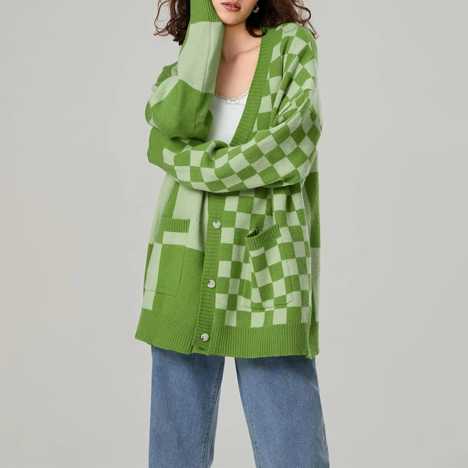 Womens Open Front Long Sleeve Chunky Knit Cardigan Sweater Color Block Checkered Knit Cardigan Sweaters Coat