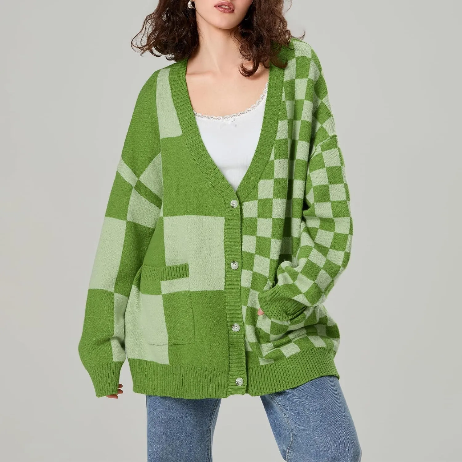 Womens Open Front Long Sleeve Chunky Knit Cardigan Sweater Color Block Checkered Knit Cardigan Sweaters Coat