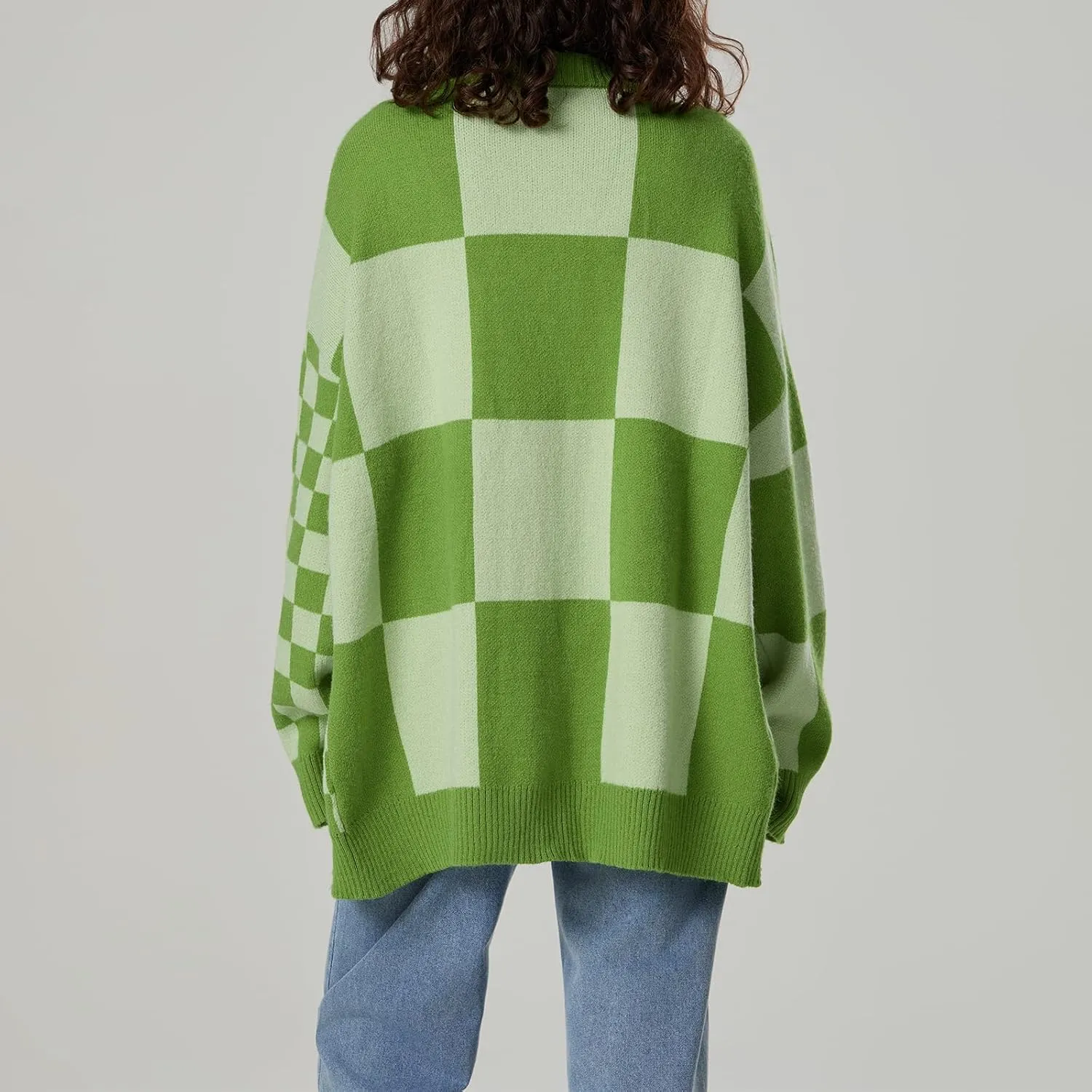Womens Open Front Long Sleeve Chunky Knit Cardigan Sweater Color Block Checkered Knit Cardigan Sweaters Coat
