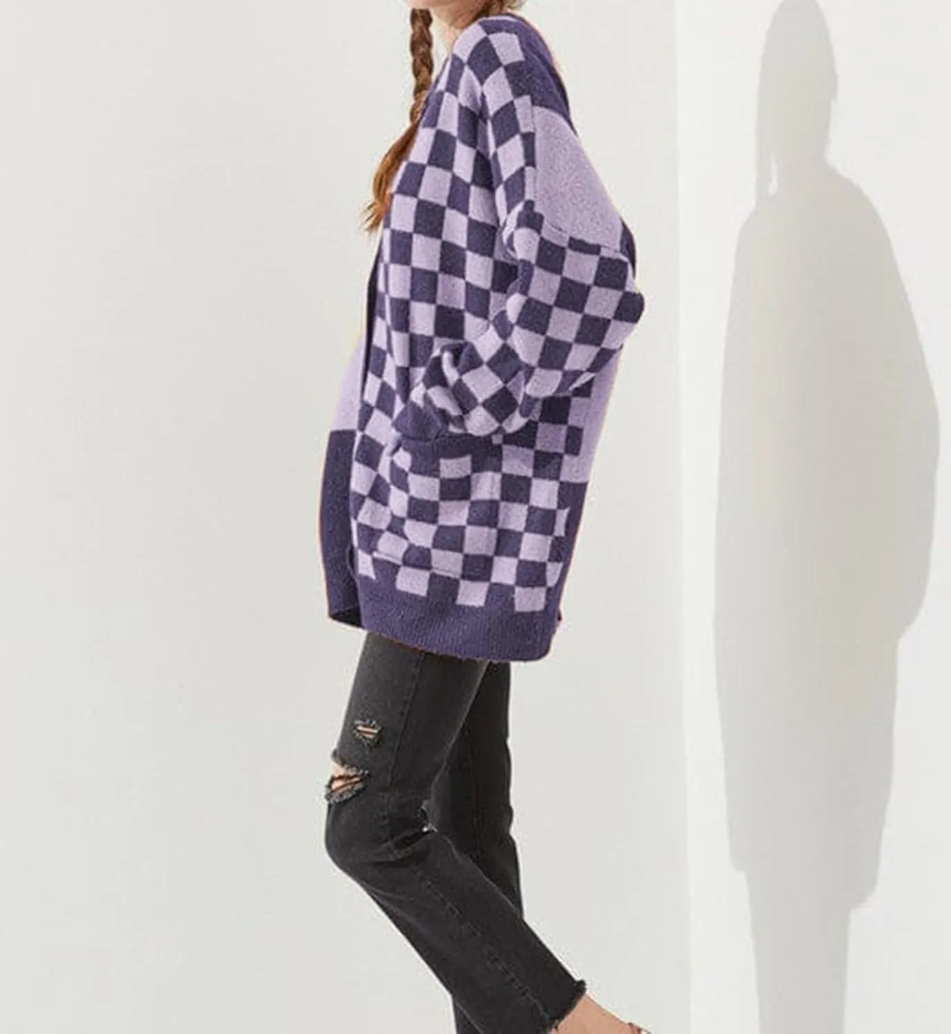 Womens Open Front Long Sleeve Chunky Knit Cardigan Sweater Color Block Checkered Knit Cardigan Sweaters Coat
