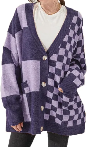 Womens Open Front Long Sleeve Chunky Knit Cardigan Sweater Color Block Checkered Knit Cardigan Sweaters Coat