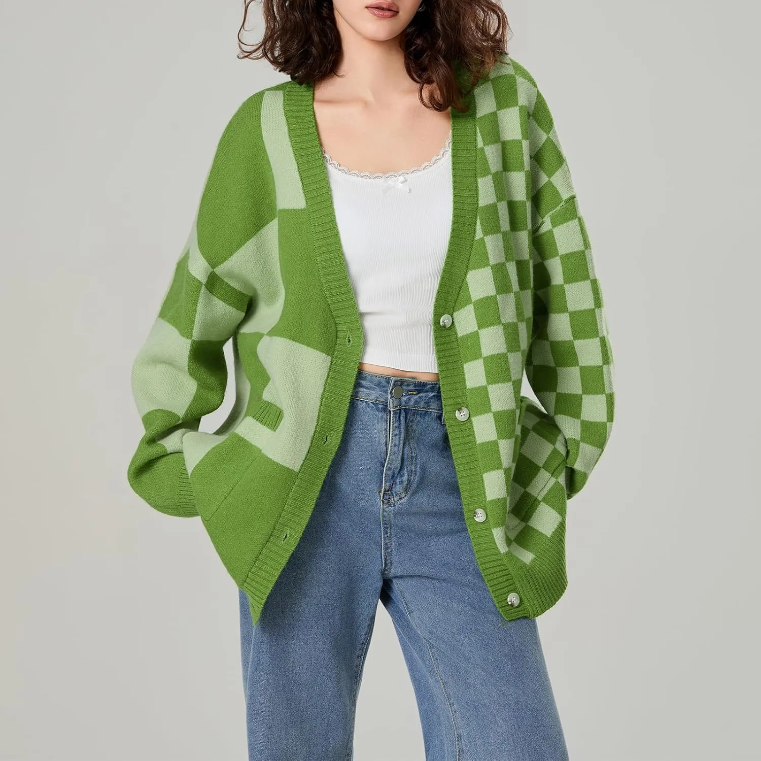 Womens Open Front Long Sleeve Chunky Knit Cardigan Sweater Color Block Checkered Knit Cardigan Sweaters Coat