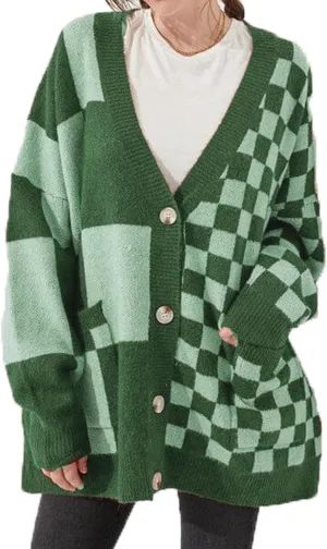 Womens Open Front Long Sleeve Chunky Knit Cardigan Sweater Color Block Checkered Knit Cardigan Sweaters Coat
