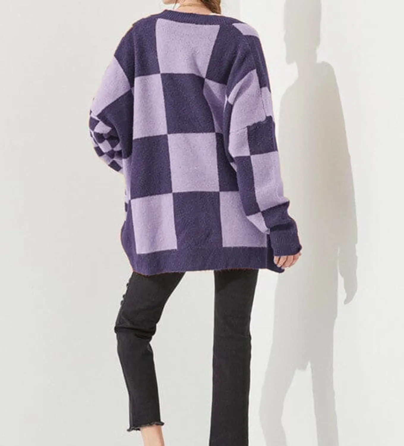 Womens Open Front Long Sleeve Chunky Knit Cardigan Sweater Color Block Checkered Knit Cardigan Sweaters Coat