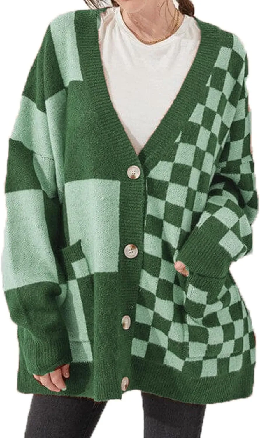 Womens Open Front Long Sleeve Chunky Knit Cardigan Sweater Color Block Checkered Knit Cardigan Sweaters Coat