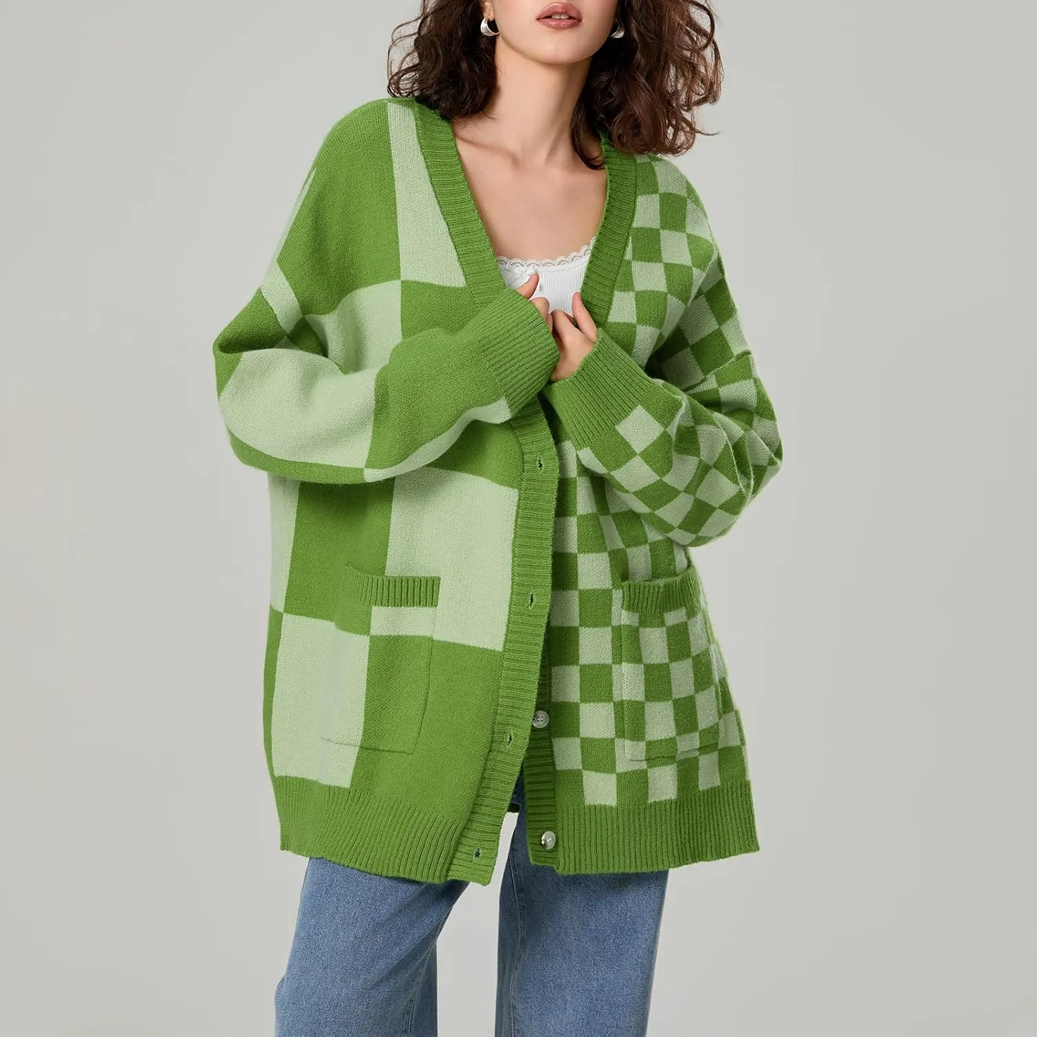 Womens Open Front Long Sleeve Chunky Knit Cardigan Sweater Color Block Checkered Knit Cardigan Sweaters Coat