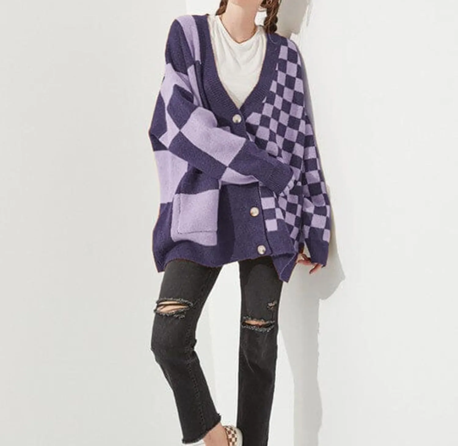 Womens Open Front Long Sleeve Chunky Knit Cardigan Sweater Color Block Checkered Knit Cardigan Sweaters Coat