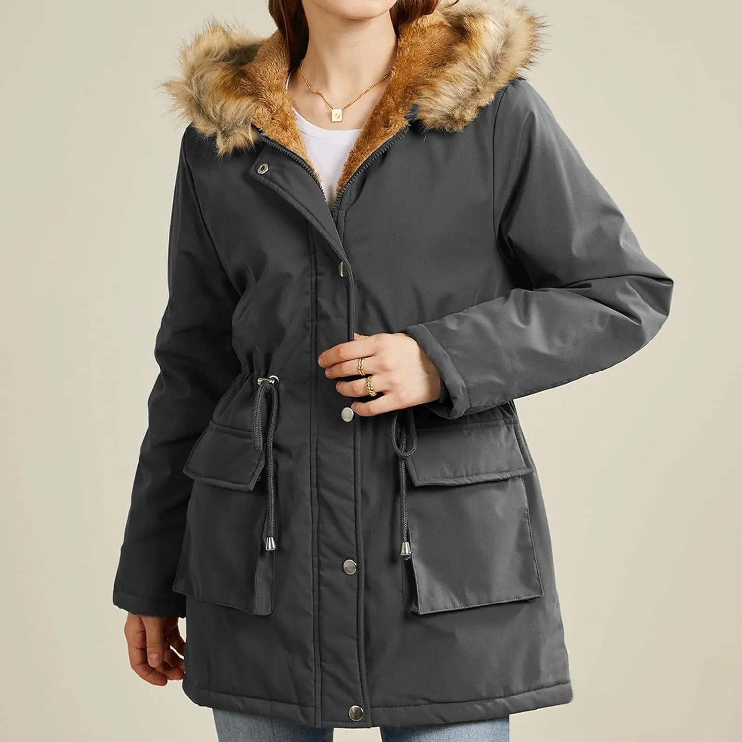 Women's Packable Lightweight Puffer Jacket Ladies Padded Thermal Overcoat with Faux Hooded Waterproof Faux Fur