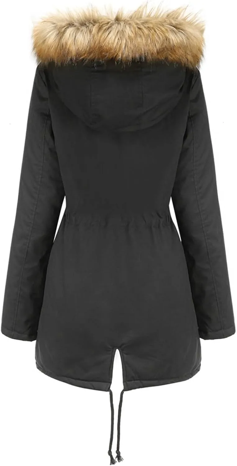 Women's Packable Lightweight Puffer Jacket Ladies Padded Thermal Overcoat with Faux Hooded Waterproof Faux Fur