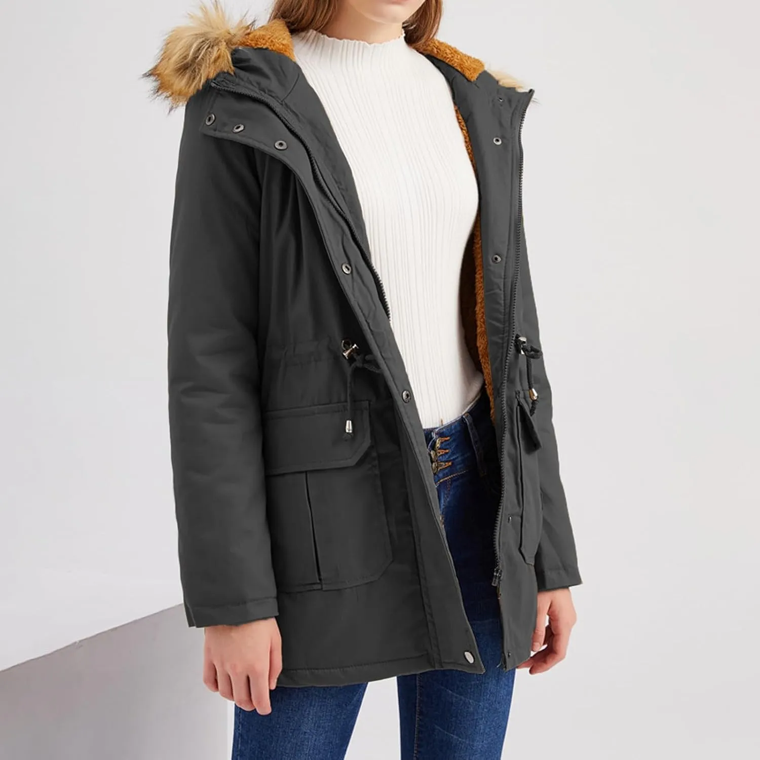 Women's Packable Lightweight Puffer Jacket Ladies Padded Thermal Overcoat with Faux Hooded Waterproof Faux Fur