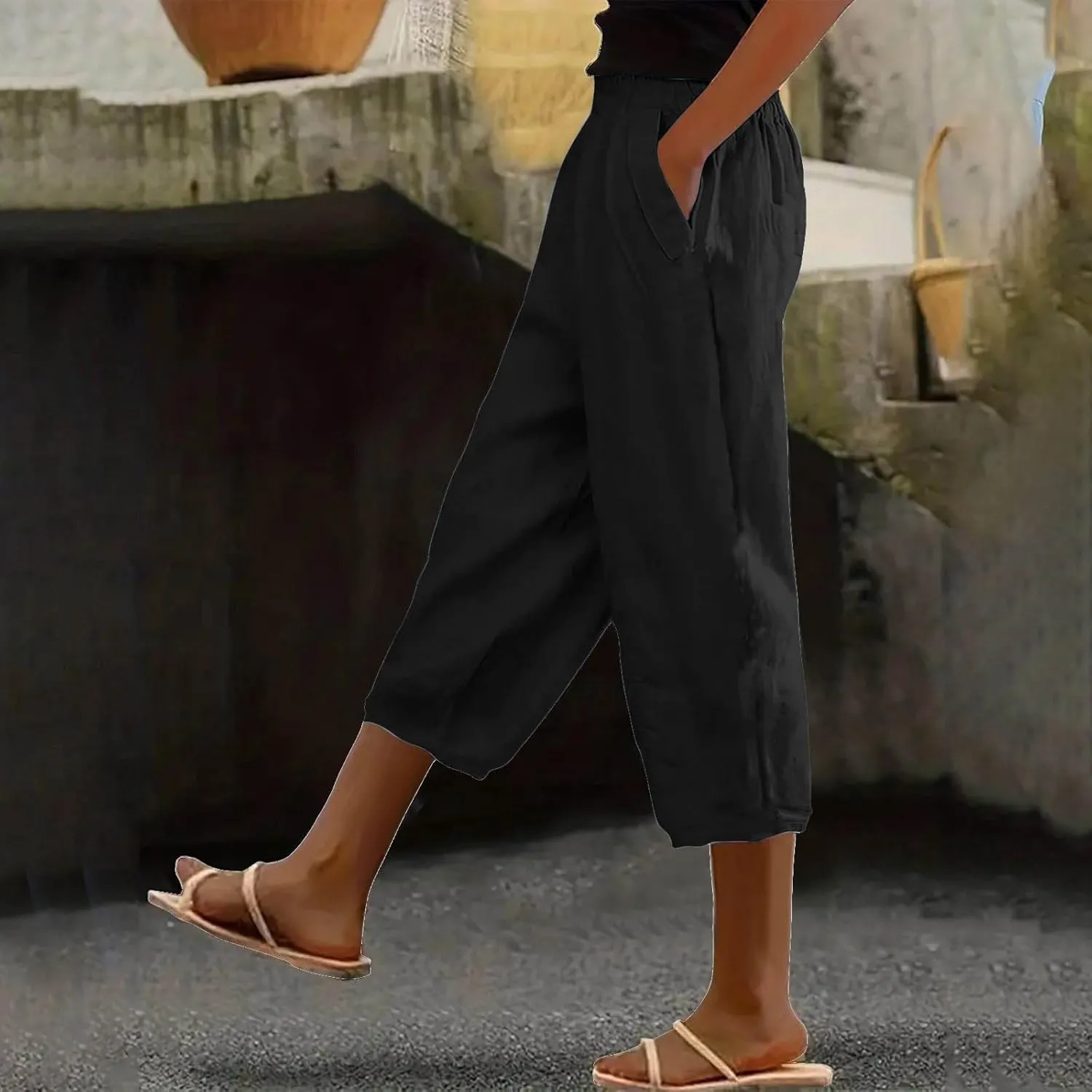 Womens Palazzo Pants Beach Trousers Casual Lightweight Elastic Waist Pants with Pockets Loose Fit Full Length Pants