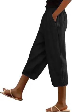 Womens Palazzo Pants Beach Trousers Casual Lightweight Elastic Waist Pants with Pockets Loose Fit Full Length Pants