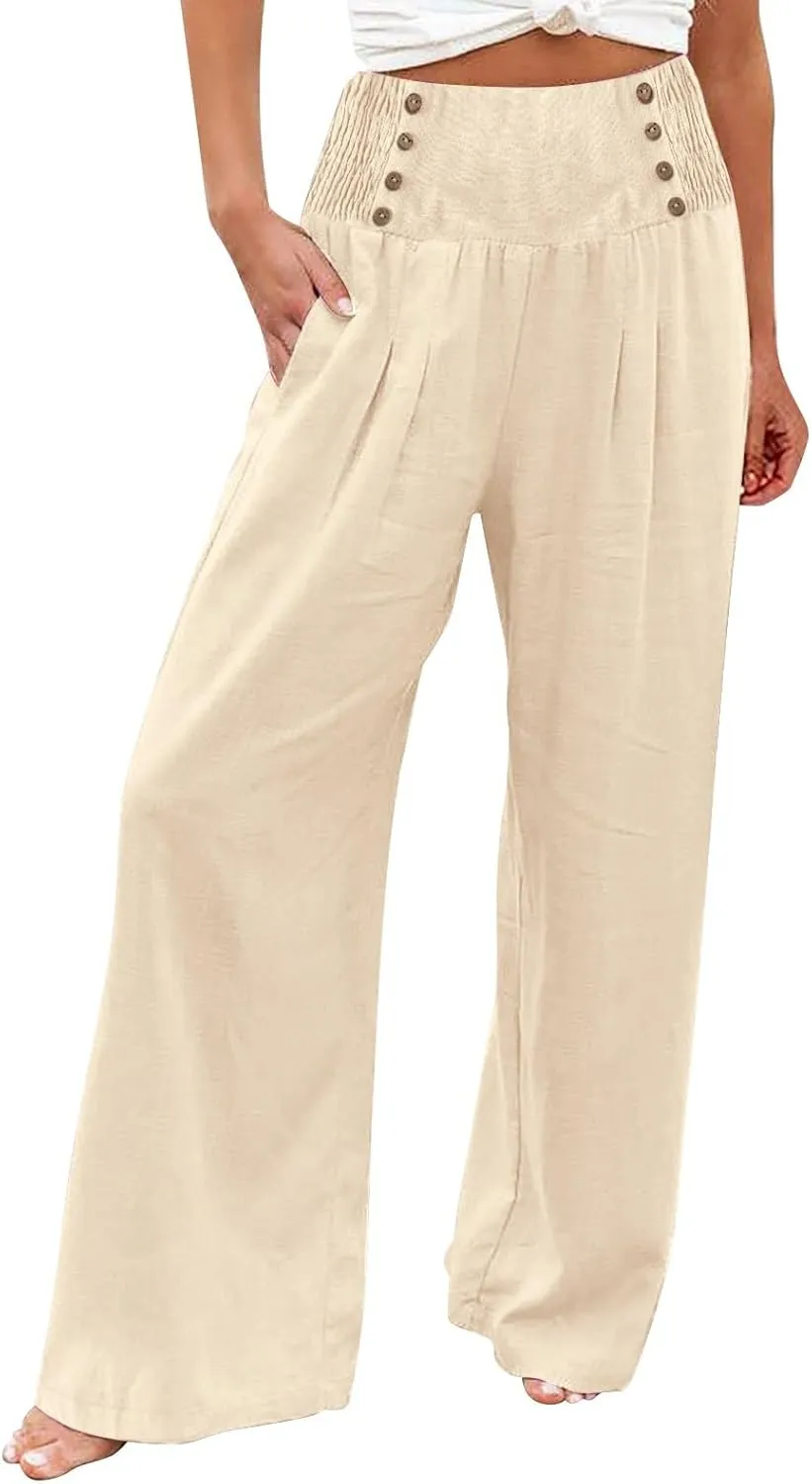 Womens Pants Summer Cotton Linen Wide Leg Pants Loose Palazzo Trouser Elastic Waist Pocket Button Casual Sweatpants