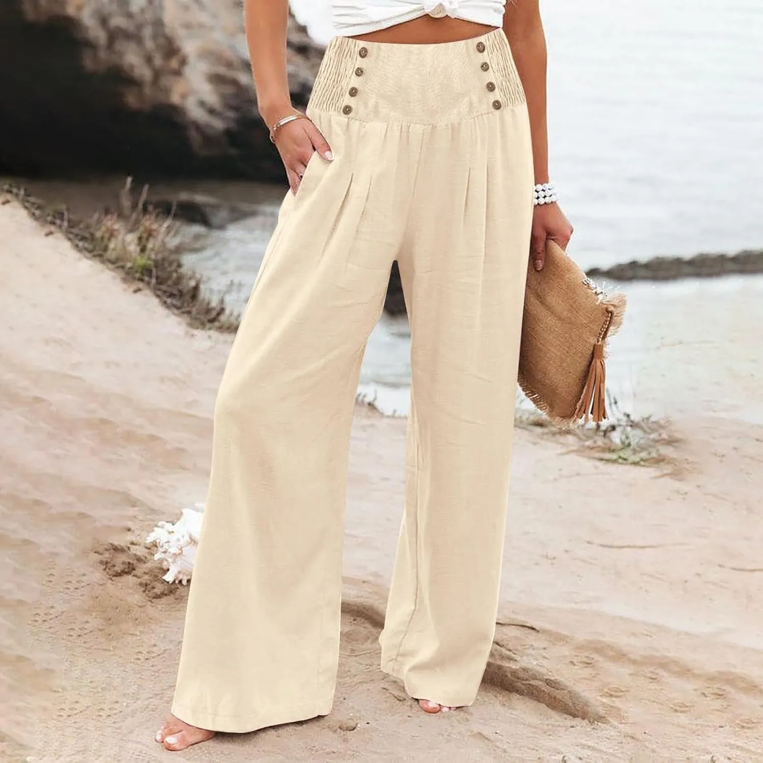 Womens Pants Summer Cotton Linen Wide Leg Pants Loose Palazzo Trouser Elastic Waist Pocket Button Casual Sweatpants