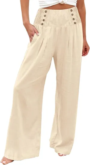 Womens Pants Summer Cotton Linen Wide Leg Pants Loose Palazzo Trouser Elastic Waist Pocket Button Casual Sweatpants