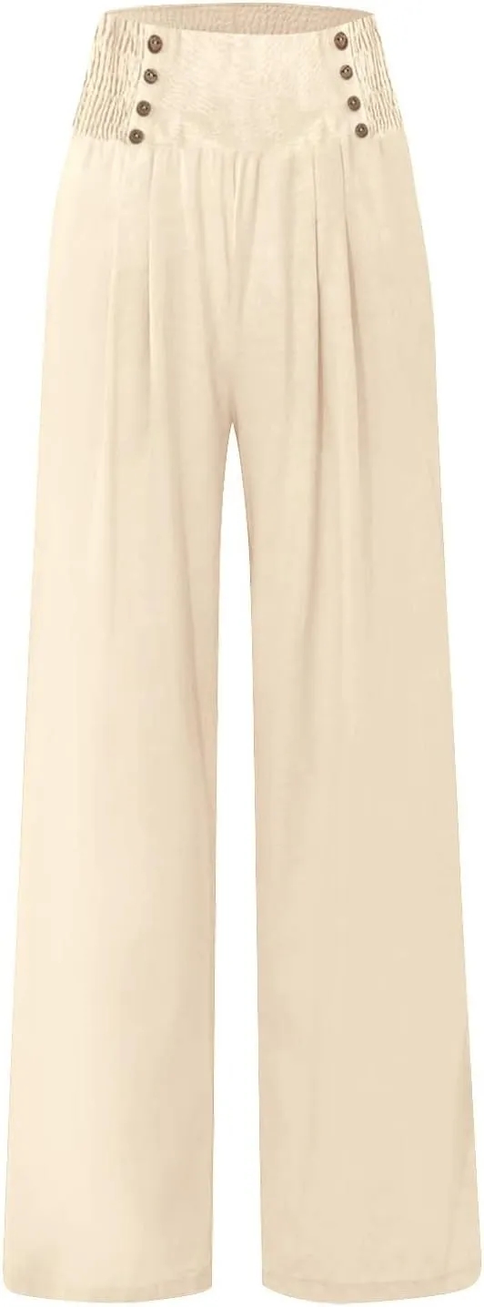 Womens Pants Summer Cotton Linen Wide Leg Pants Loose Palazzo Trouser Elastic Waist Pocket Button Casual Sweatpants