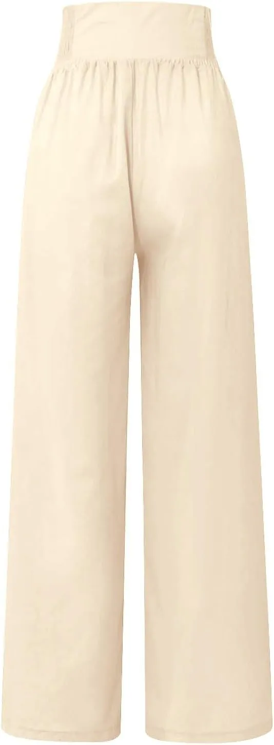 Womens Pants Summer Cotton Linen Wide Leg Pants Loose Palazzo Trouser Elastic Waist Pocket Button Casual Sweatpants