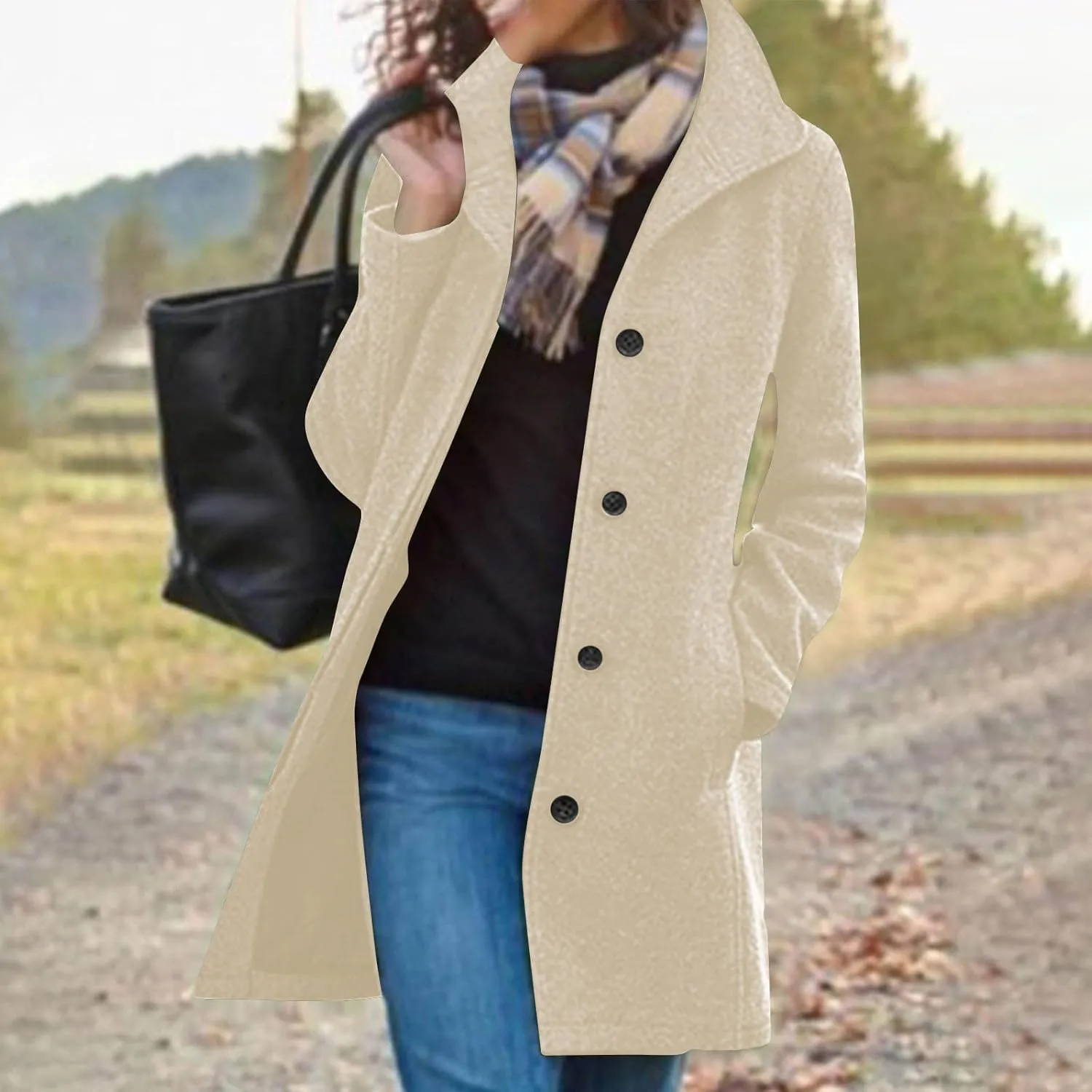 Womens Pea Coat Winter Fall Classic Button Down Stand Collar Peacoat Dressy Casual Elegant Trench Coat with Pocket