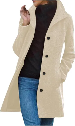 Womens Pea Coat Winter Fall Classic Button Down Stand Collar Peacoat Dressy Casual Elegant Trench Coat with Pocket