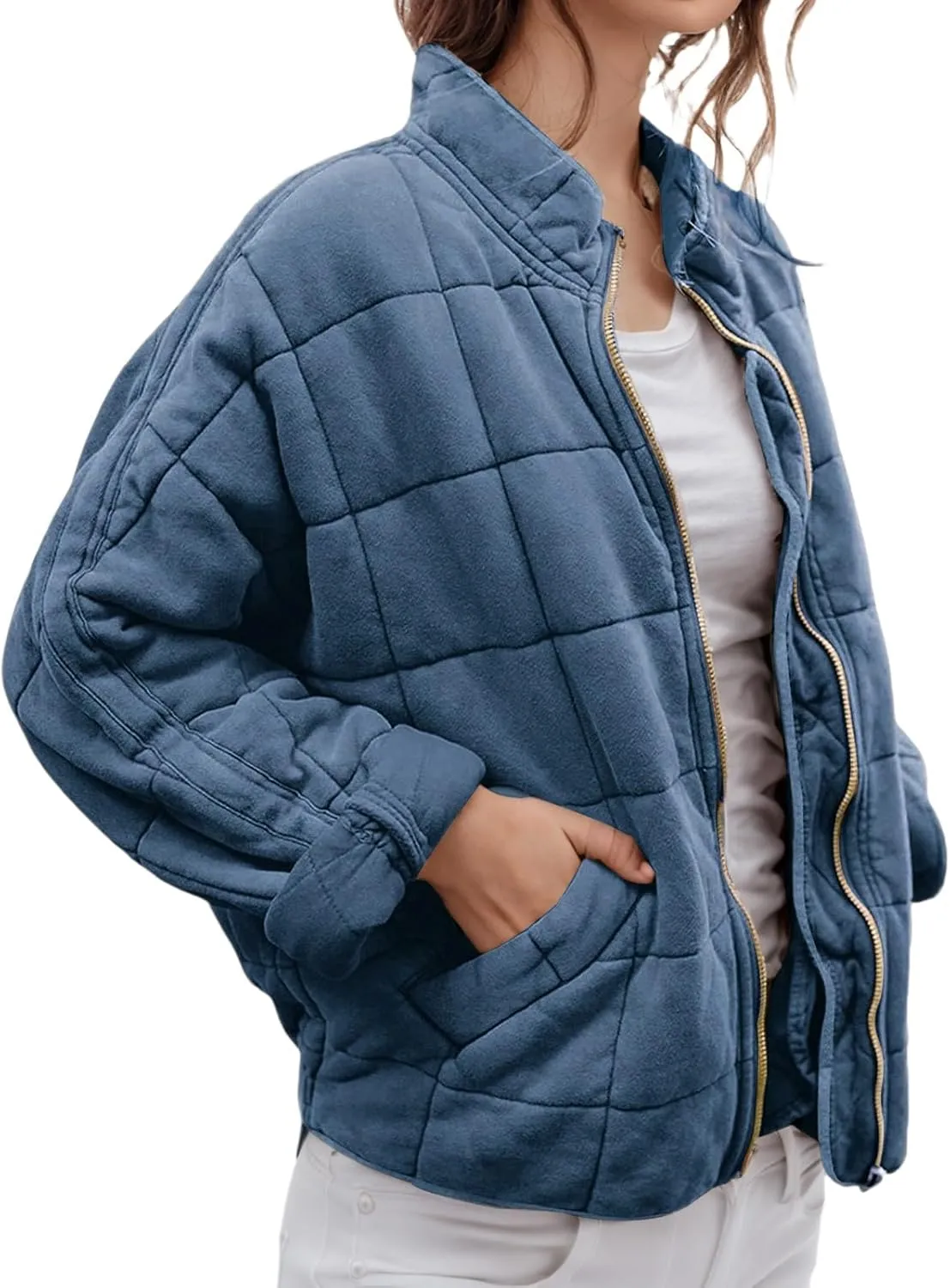 Womens Quilted Jacket Lightweight Dolman Long Sleeve Down Coat Casual Zip Up Puffer Jacket Warm Outwear with Pockets