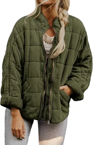 Womens Quilted Jacket Lightweight Dolman Long Sleeve Down Coat Casual Zip Up Puffer Jacket Warm Outwear with Pockets