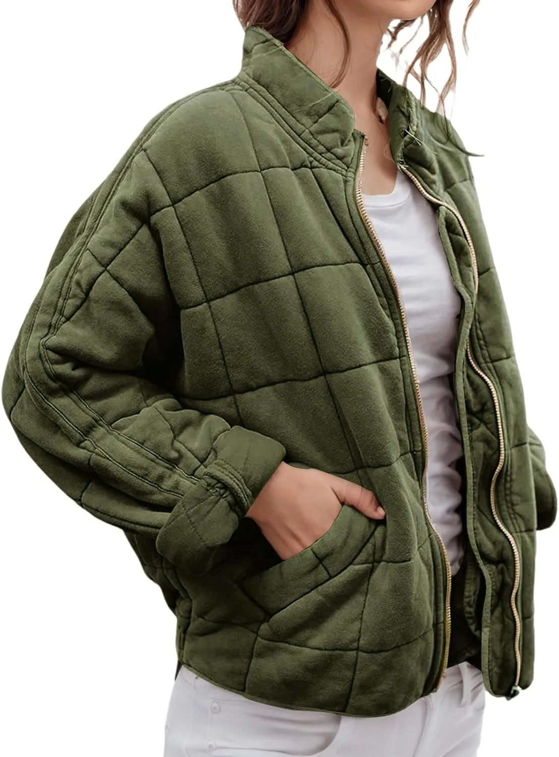 Womens Quilted Jacket Lightweight Dolman Long Sleeve Down Coat Casual Zip Up Puffer Jacket Warm Outwear with Pockets