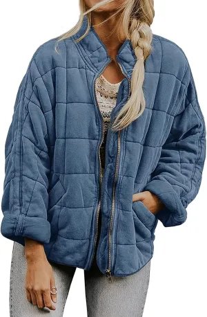 Womens Quilted Jacket Lightweight Dolman Long Sleeve Down Coat Casual Zip Up Puffer Jacket Warm Outwear with Pockets