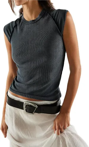 Womens Ribbed Tank Tops Cap Sleeve Summer T Shirt Slim Fitted Knit Basic Tee Shirts Y2k Trendy Crop Top 2025 Streetwear