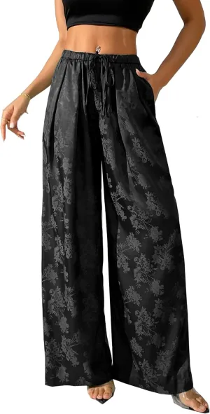 Women's Satin Wide Leg Pants Floral Textured Silky Casual Slacks High Waist Pants