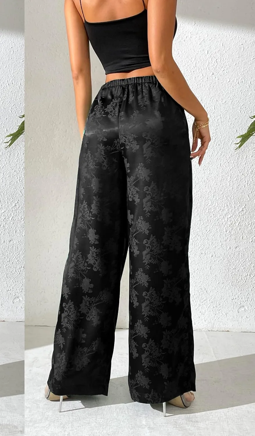 Women's Satin Wide Leg Pants Floral Textured Silky Casual Slacks High Waist Pants