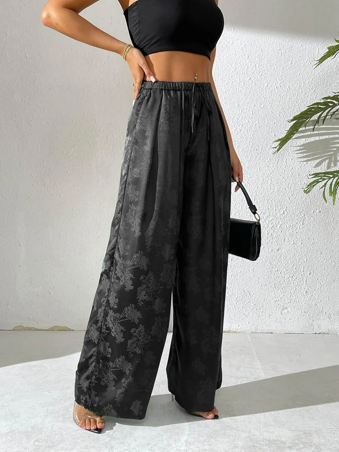 Women's Satin Wide Leg Pants Floral Textured Silky Casual Slacks High Waist Pants