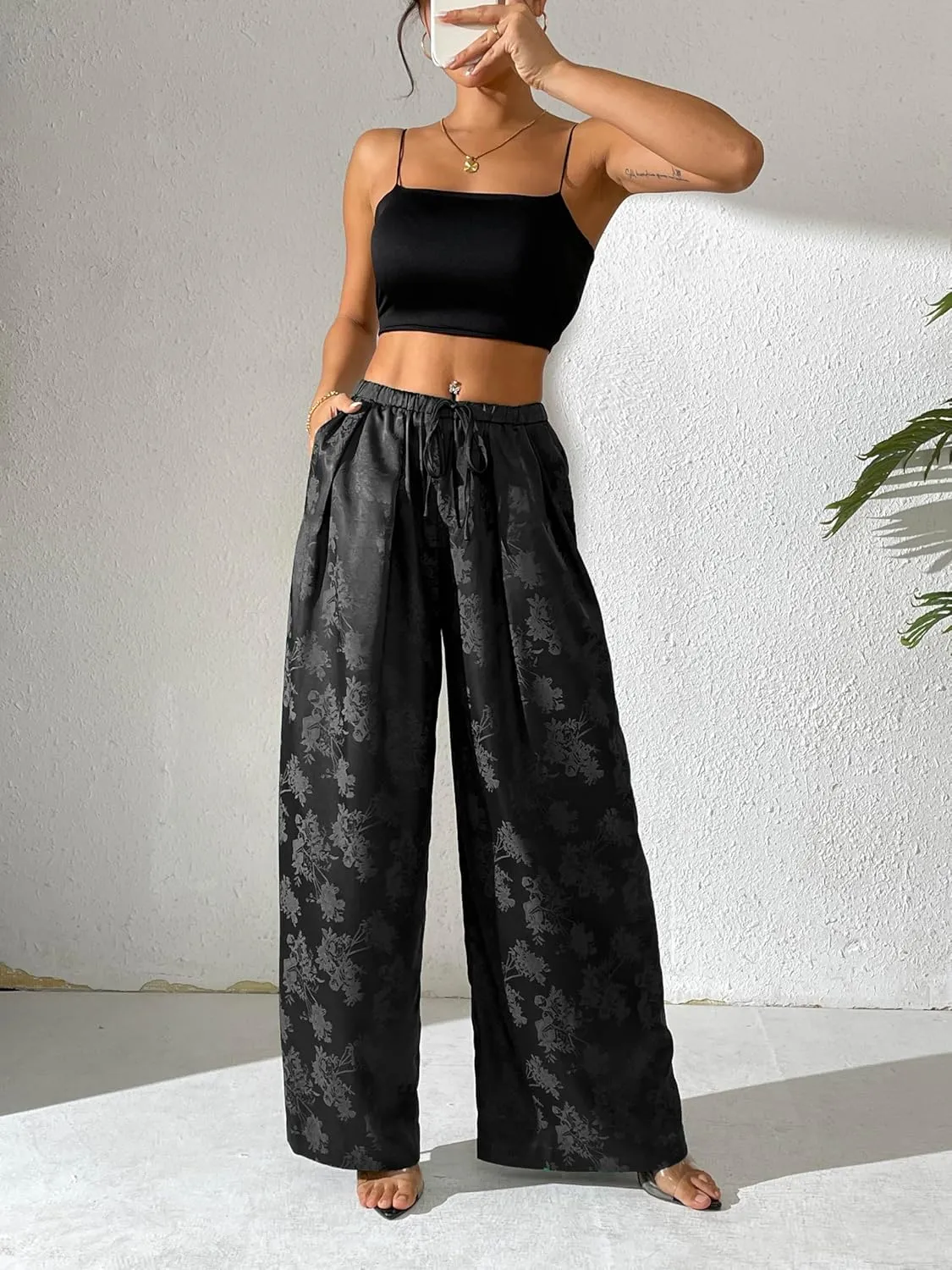 Women's Satin Wide Leg Pants Floral Textured Silky Casual Slacks High Waist Pants