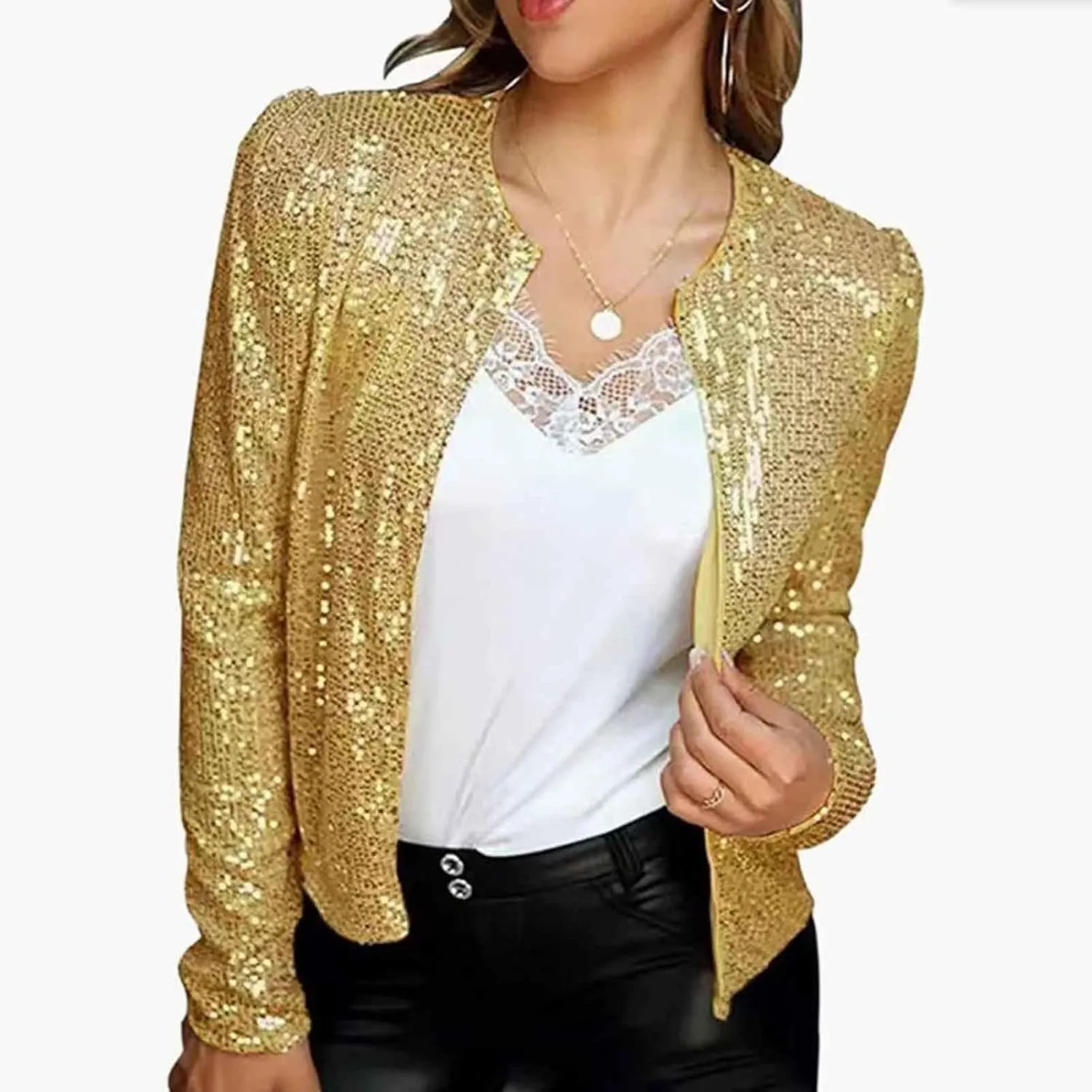 Women's Sequin Glitter Jacket Open Front Flight Short Blazer Party Clubwear Cardigan Sparkly Coat