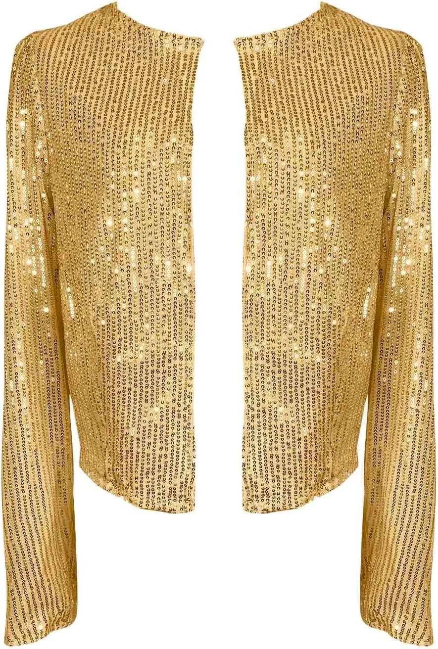 Women's Sequin Glitter Jacket Open Front Flight Short Blazer Party Clubwear Cardigan Sparkly Coat