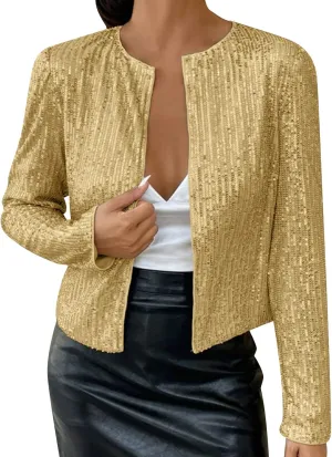Women's Sequin Glitter Jacket Open Front Flight Short Blazer Party Clubwear Cardigan Sparkly Coat