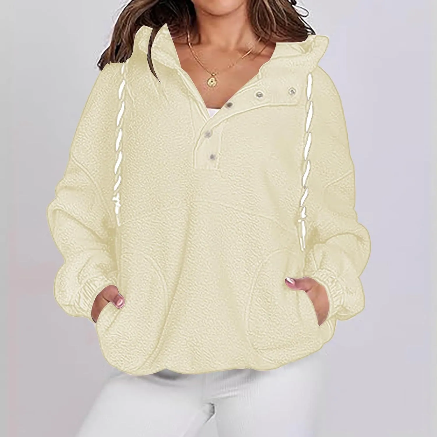 Womens Sherpa Fuzzy Fleece Hoodie Oversized Sweatshirt Cozy Button V Neck Pullover Top with Pocket 2024 Winter Trendy