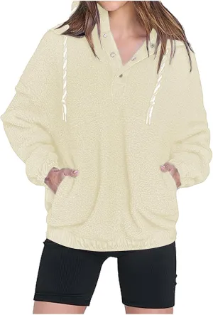 Womens Sherpa Fuzzy Fleece Hoodie Oversized Sweatshirt Cozy Button V Neck Pullover Top with Pocket 2024 Winter Trendy