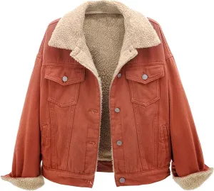 Womens Sherpa Lined Denim Jackets Long Sleeve Button Down Jean Coat Winter Warm Loose Fit Solid Color Furry Jackets