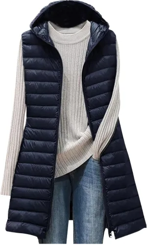 Womens Sleeveless Quilted Long Puffer Vest Hooded Winter Warm Slim Zip Coat Packable Long Vest Outerwear Winter