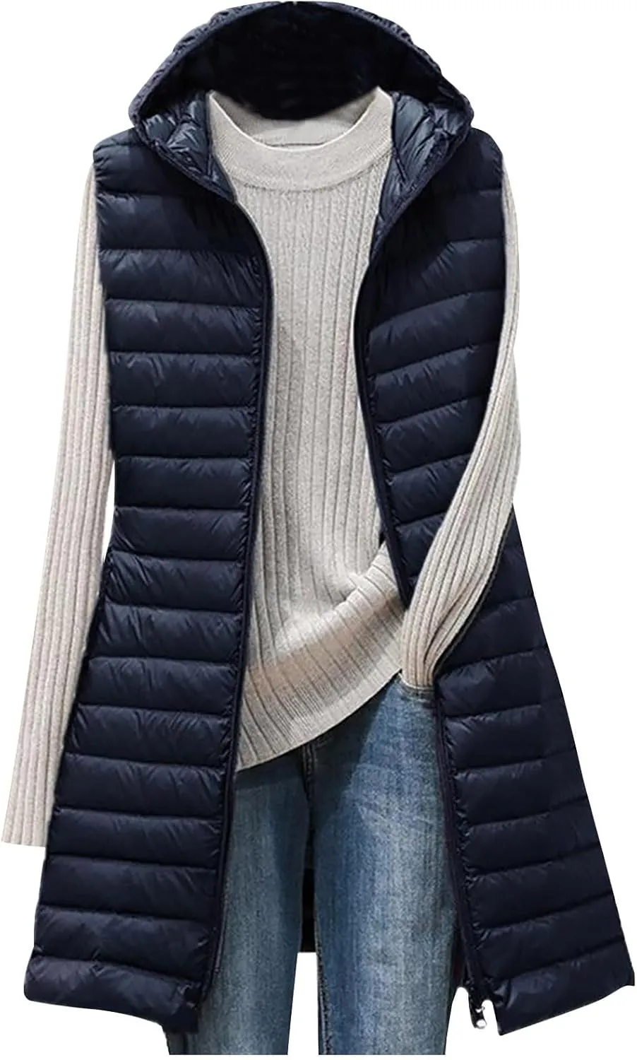 Womens Sleeveless Quilted Long Puffer Vest Hooded Winter Warm Slim Zip Coat Packable Long Vest Outerwear Winter