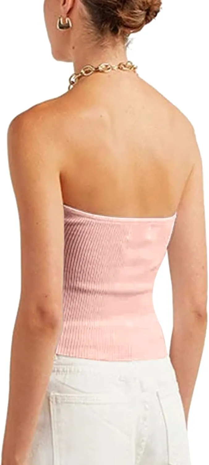 Womens Strapless Crop Top Sexy Sweetheart Neck Ribbed Knit Twisted Knot Front Sleeveless Y2K CamisoleTanks Top